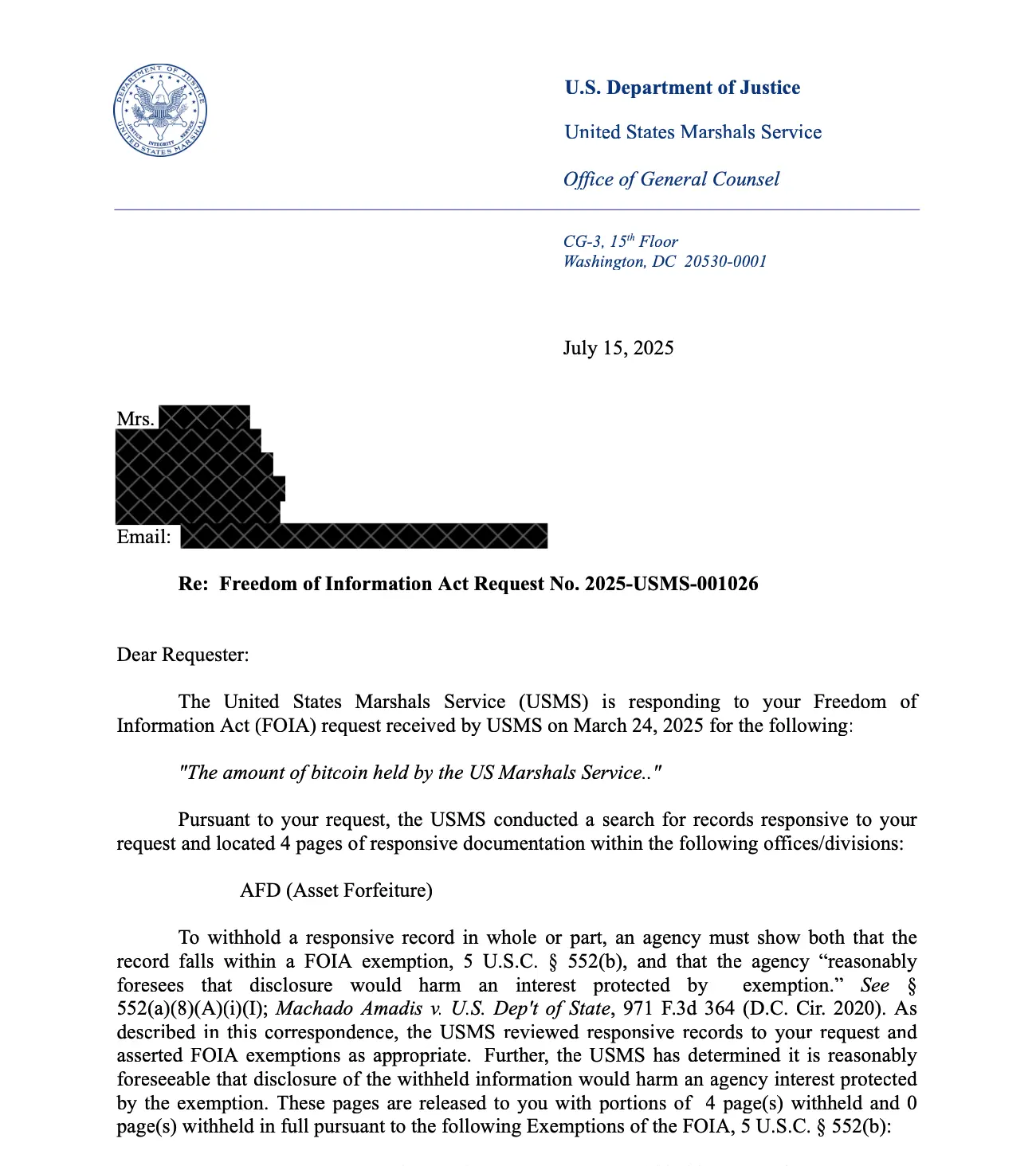 U.S. Marshals Service confirmed it holds exactly 28,988 BTC, worth around $3.44 billion