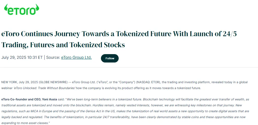 eToro to Launch Tokenized Stocks on Ethereum
