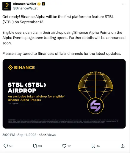 Binance Alpha to list STBL token this week