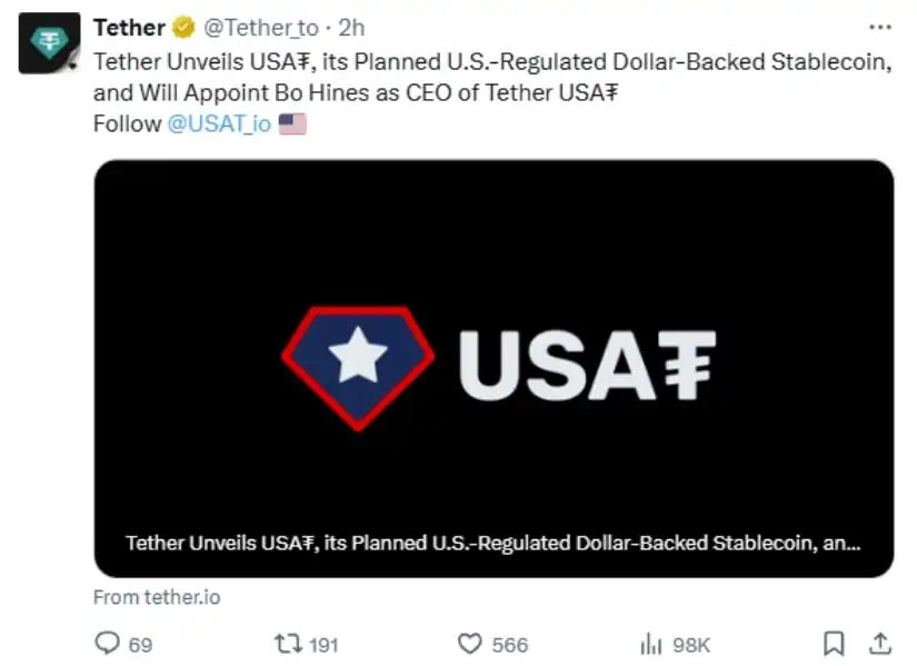 Tether Launches US Stablecoin USAT with Former White House Crypto Advisor as CEO