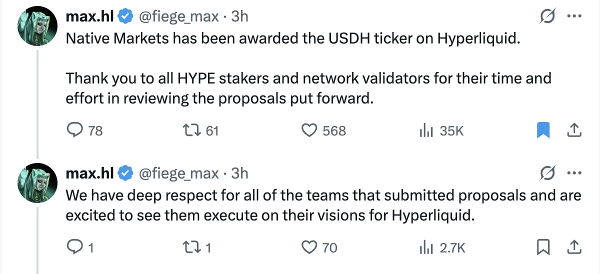 Native Markets officially claims Hyperliquid's USDH stablecoin ticker