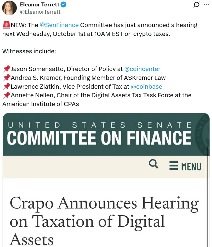 Senate Finance Committee Hearing May Influence Bitcoin and Digital Asset Tax Treatment, Coinbase Tax VP to Testify