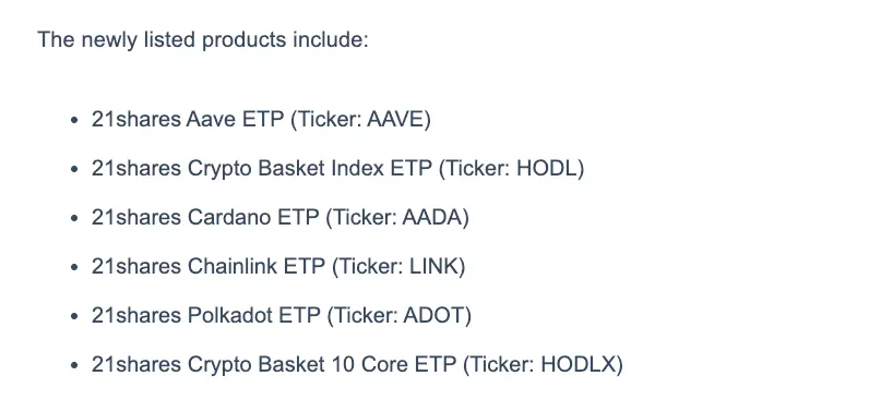 Aave, Chainlink ETPs among six new 21Shares listings in Europe