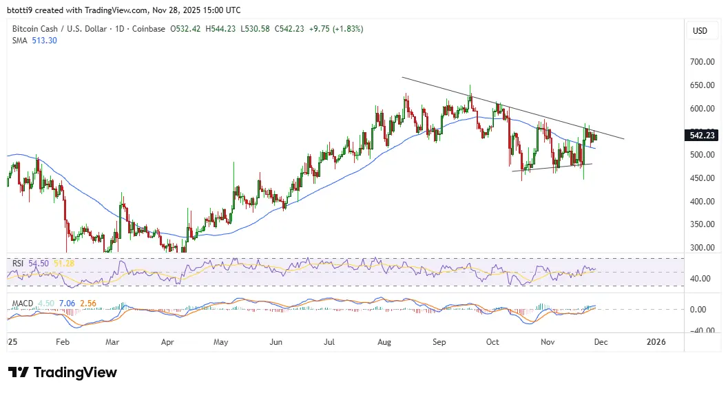 Bitcoin cash holds above $500 as whales accumulate; analysts eye potential rally