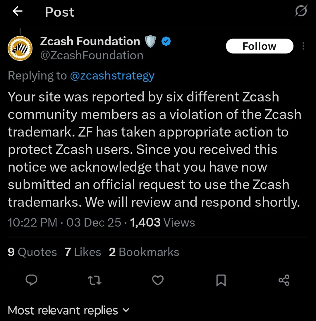 Zcash Foundation Targets Small ZEC DAT Domain in Trademark Enforcement