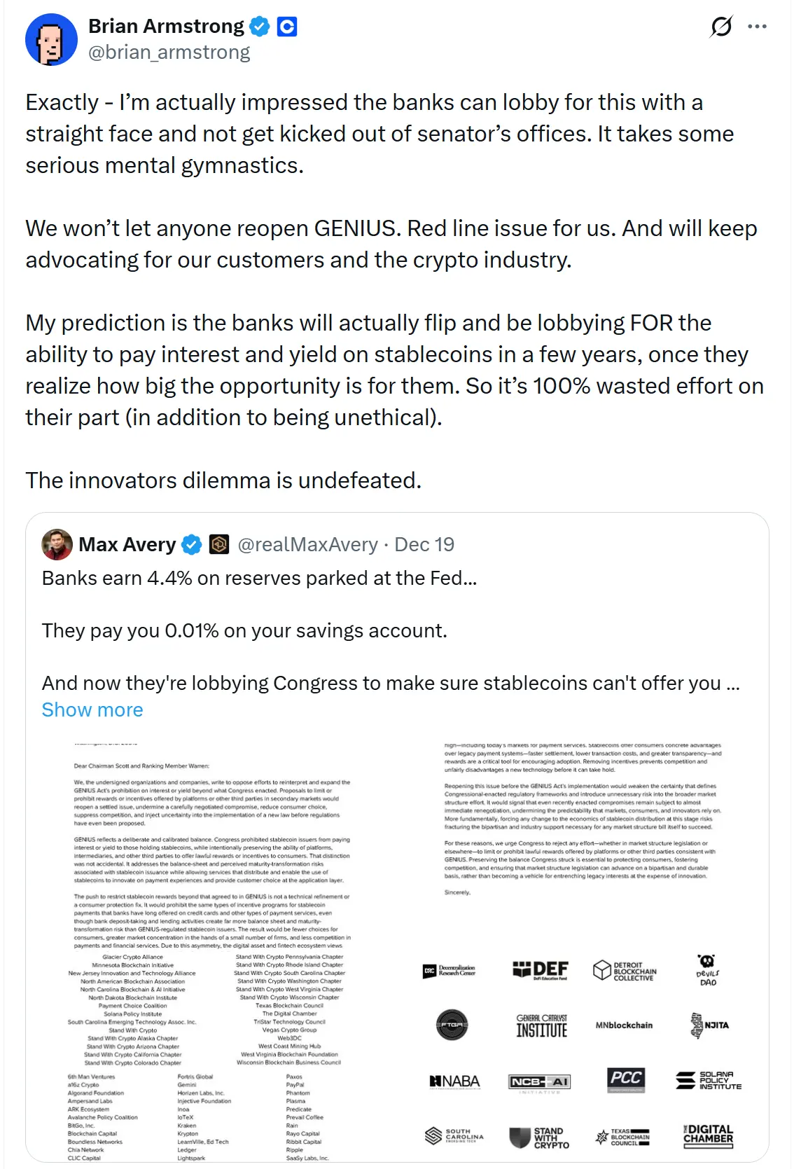 Coinbase CEO says reopening GENIUS Act is ‘red line,’ slams bank lobbying