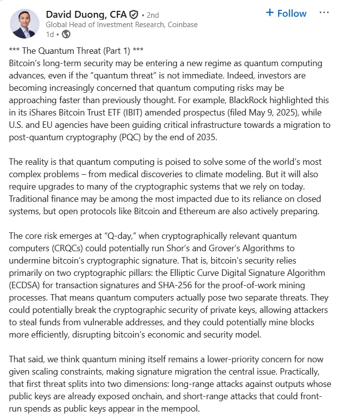 Quantum threat to Bitcoin extends past wallet hacks: Coinbase analyst