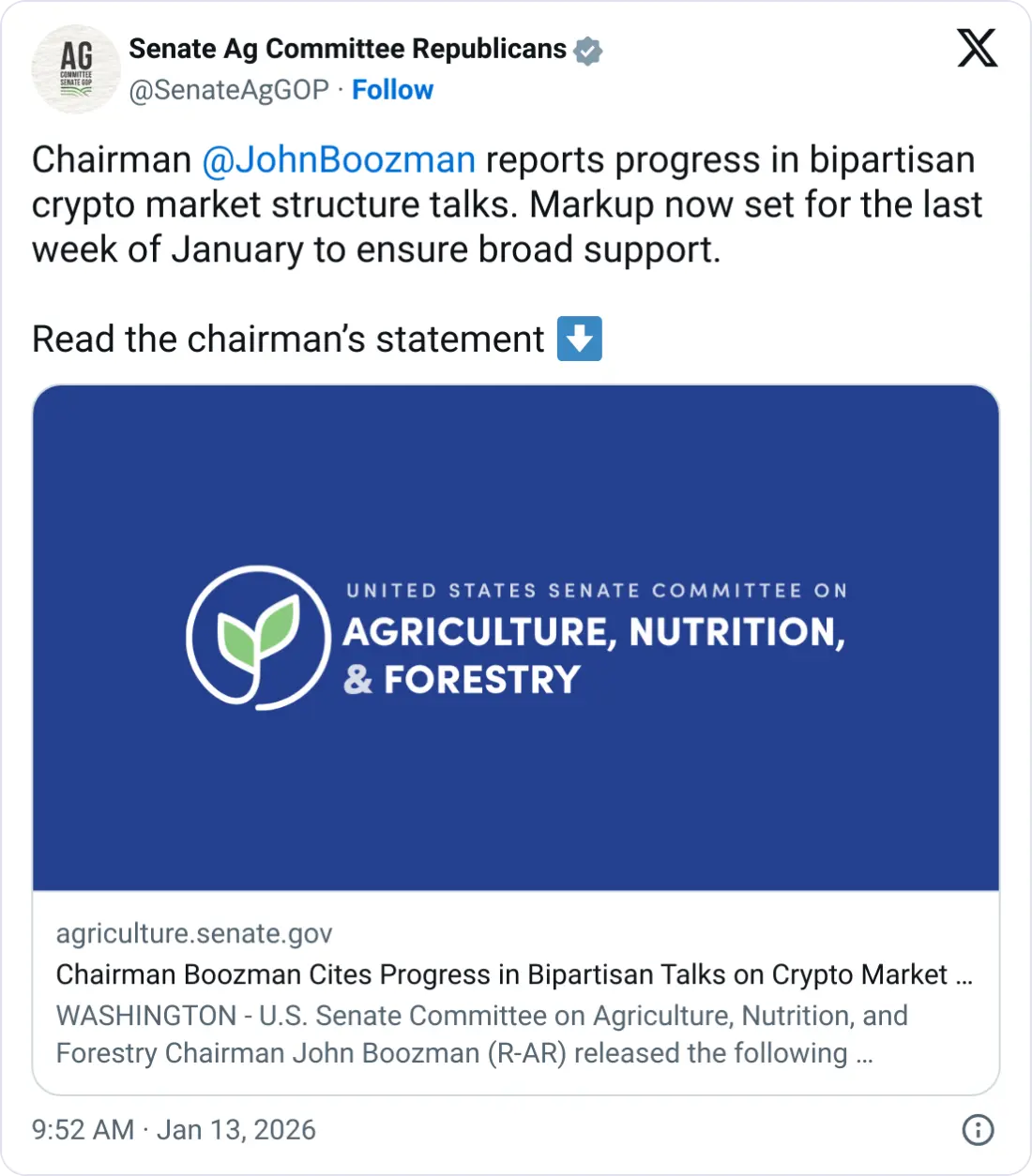 US Senate Ag punts markup on crypto bill to end of month