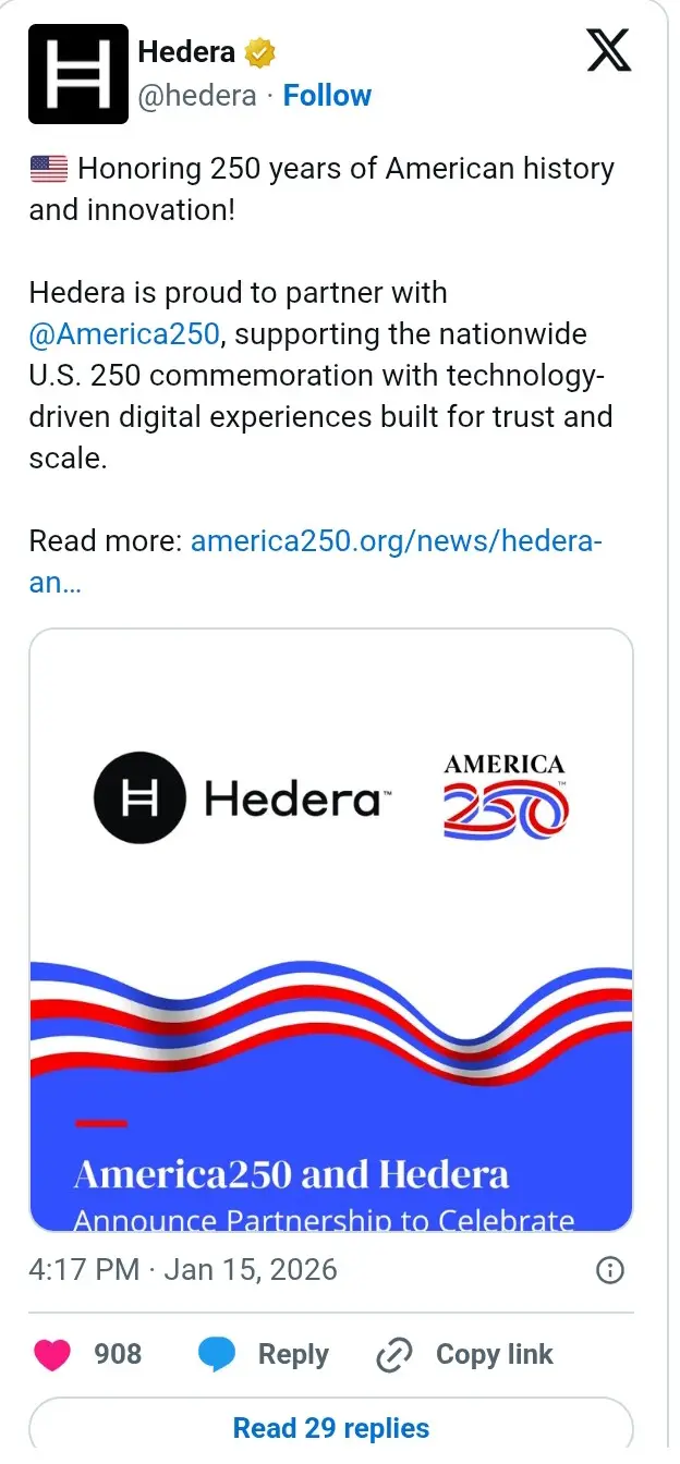 Hedera Partners With America250 to Power Digital Experiences for U.S. 250th Anniversary