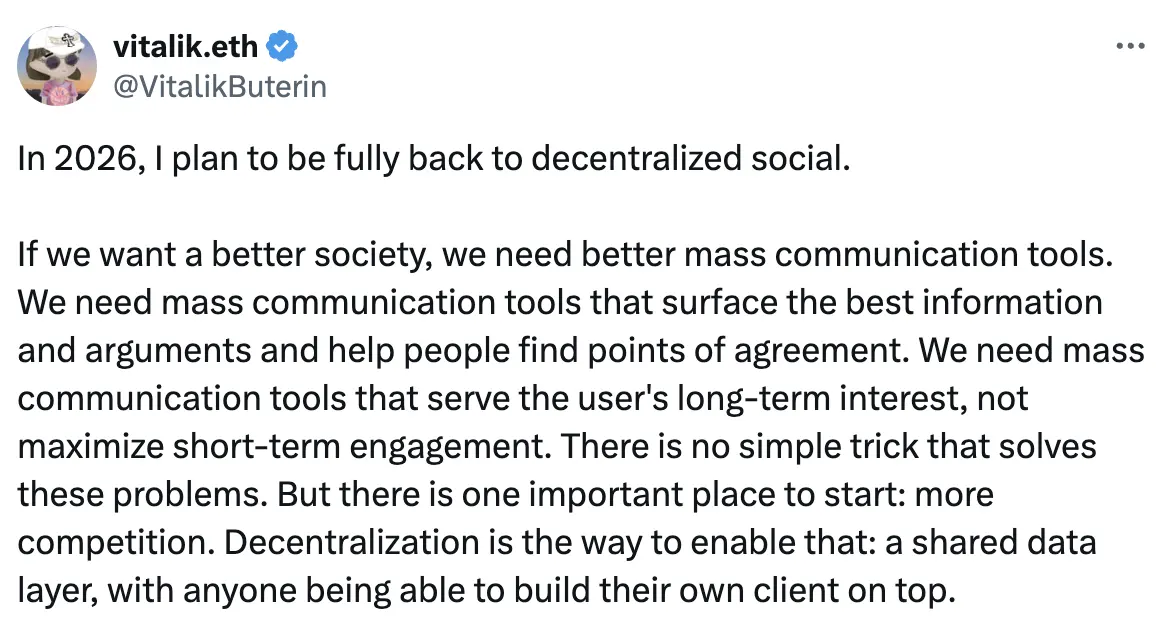 Vitalik Buterin makes decentralized social media a 2026 priority