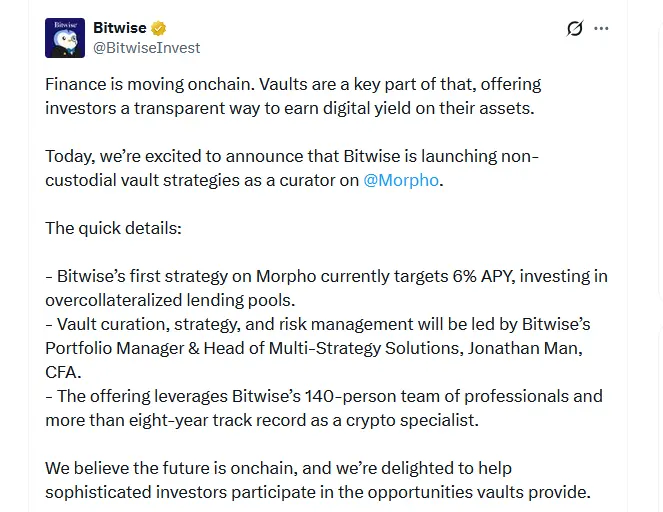 Bitwise to launch onchain vaults via Morpho