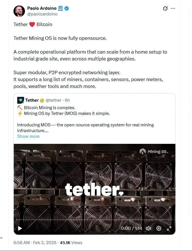 Tether releases open-source operating system for Bitcoin mining