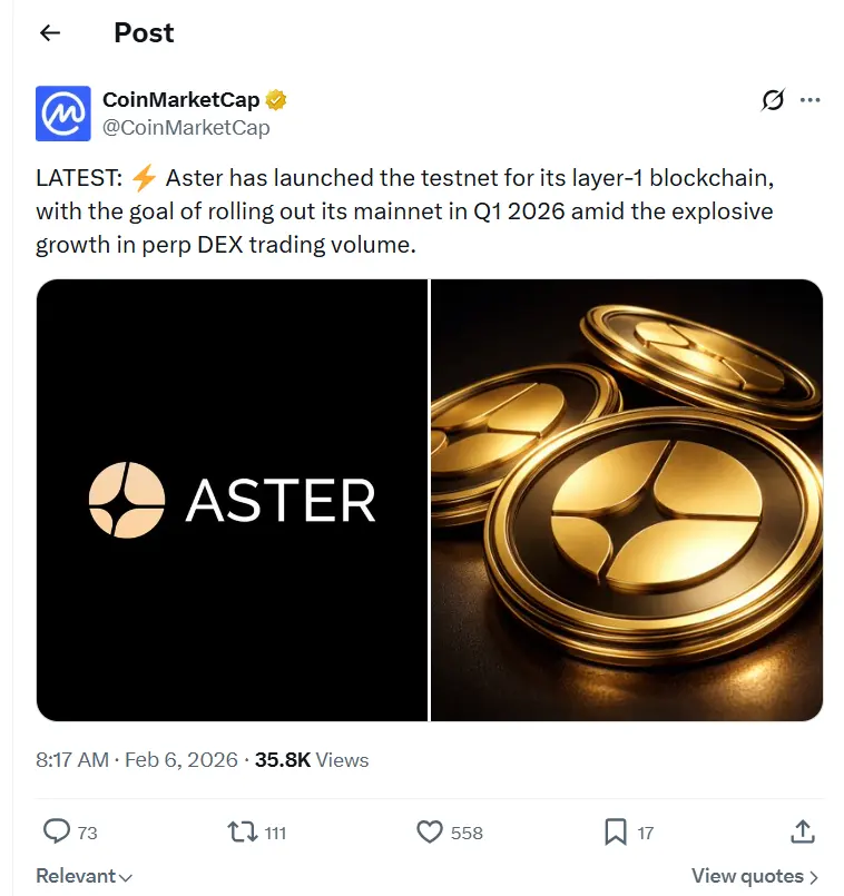 Aster Testnet Launches for Perp-Focused Layer 1 Blockchain
