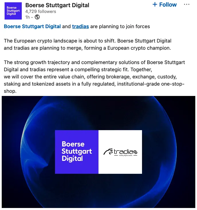 Boerse Stuttgart Digital, Tradias agree merger to build European crypto hub