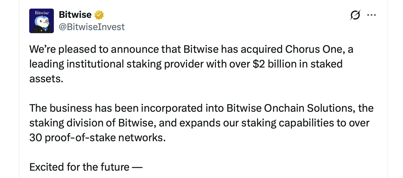 Bitwise Bets Bigger on Staking With Chorus One Takeover
