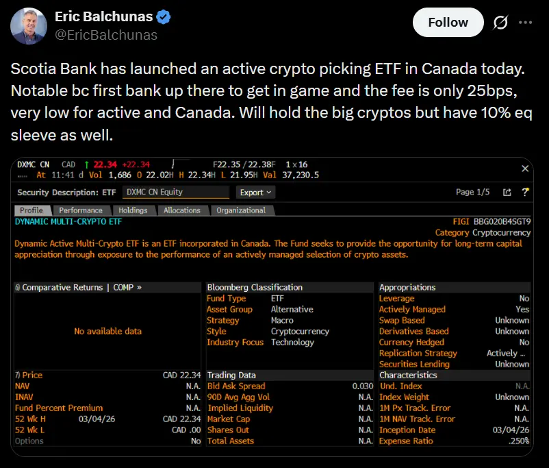 Canada's Scotiabank launches multi-crypto ETF with 3iQ