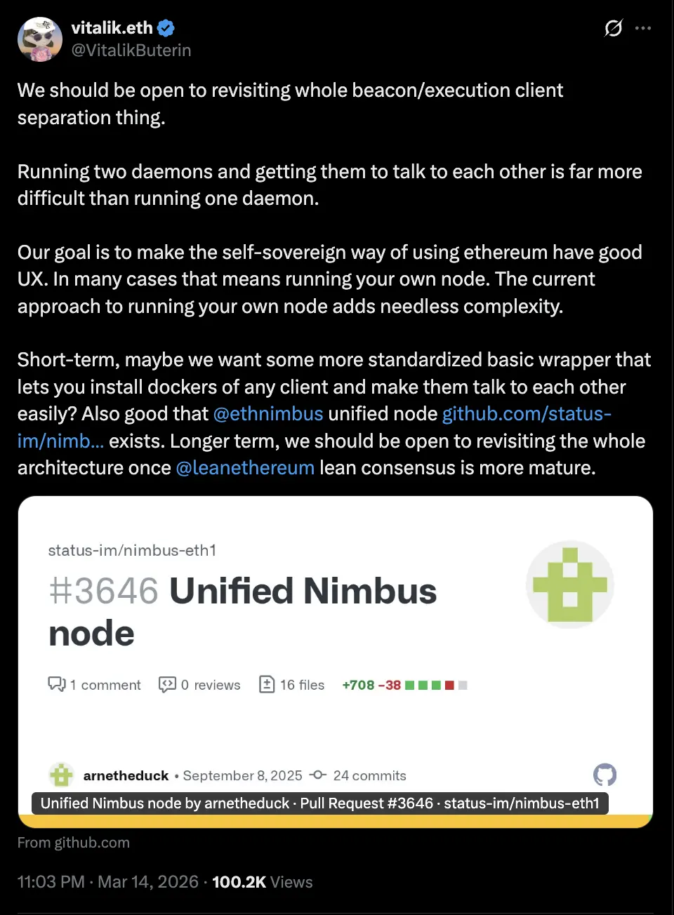 Vitalik Buterin promotes an update simplifying Ethereum node software