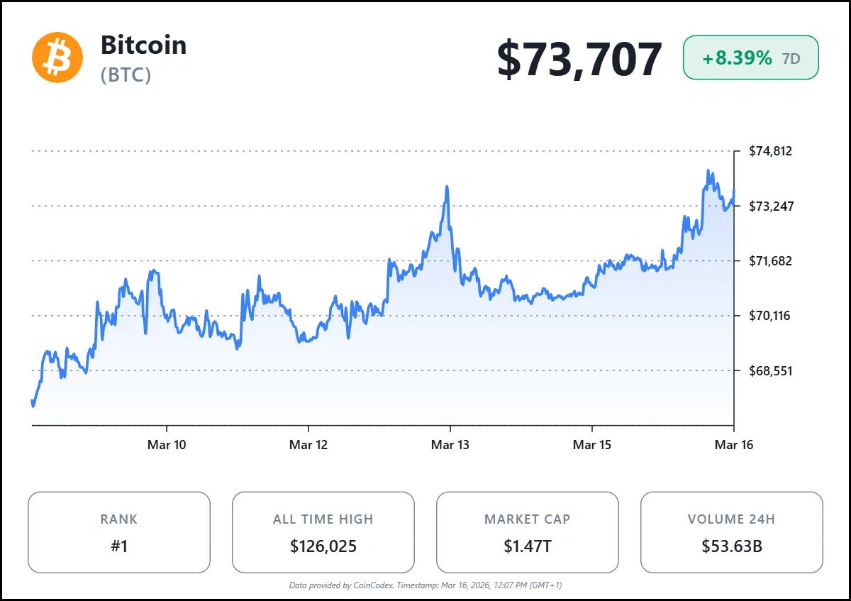 Bitcoin Price Climbs to $74K as Whale Activity Hits Six-Year High