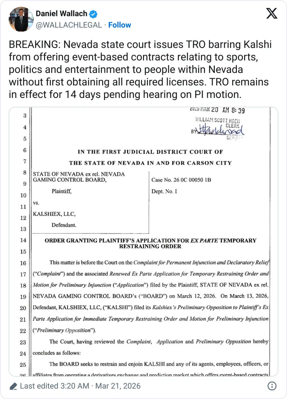 Nevada judge temporarily blocks Kalshi from operating in the state