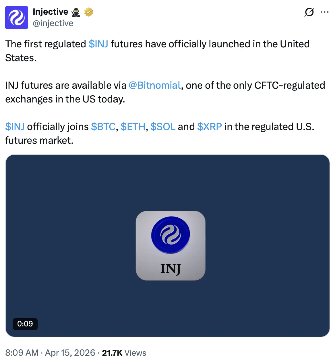 Bitnomial launches Injective futures in US, with eyes on ETF eligibility