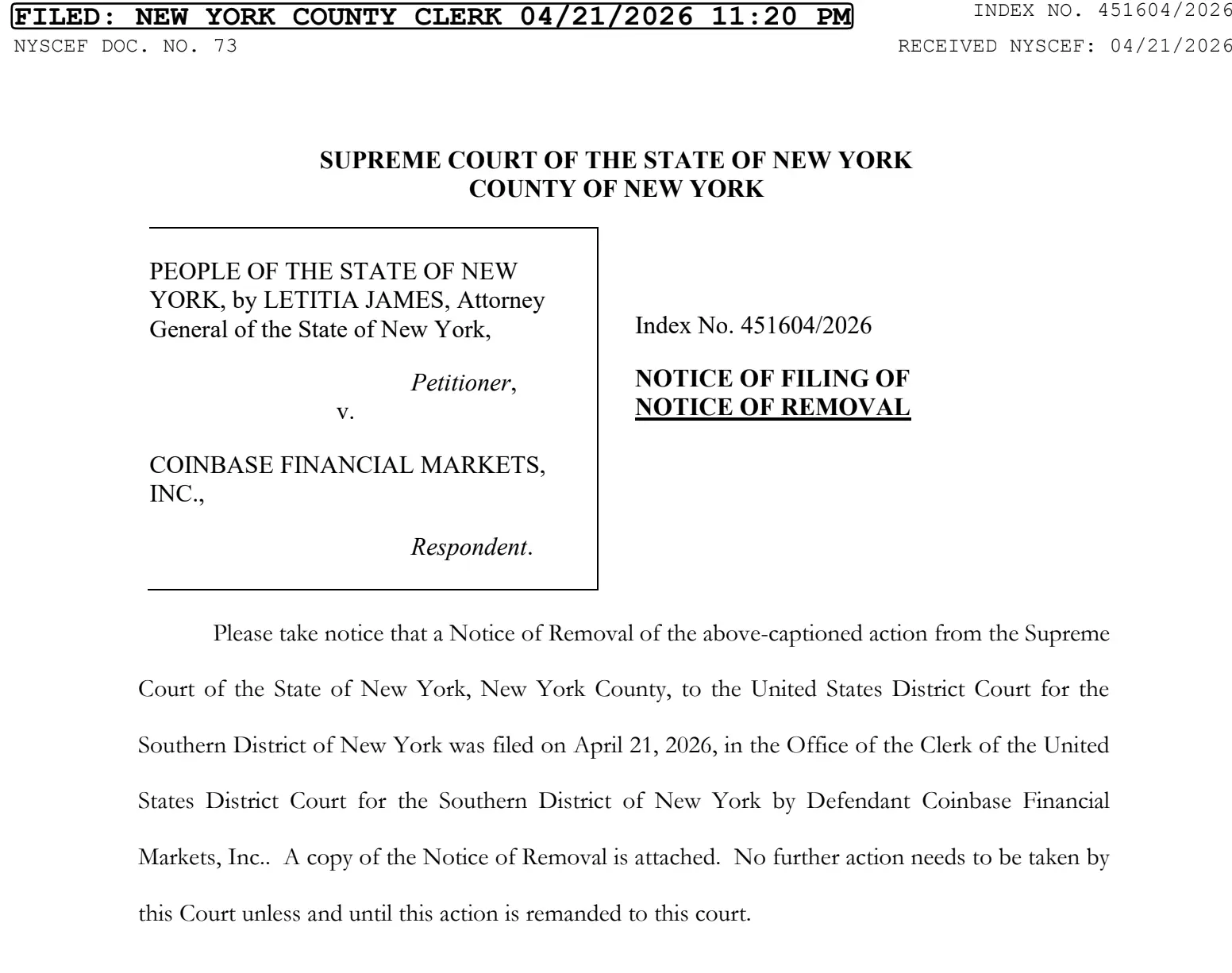 Coinbase shifts New York prediction markets fight to federal court