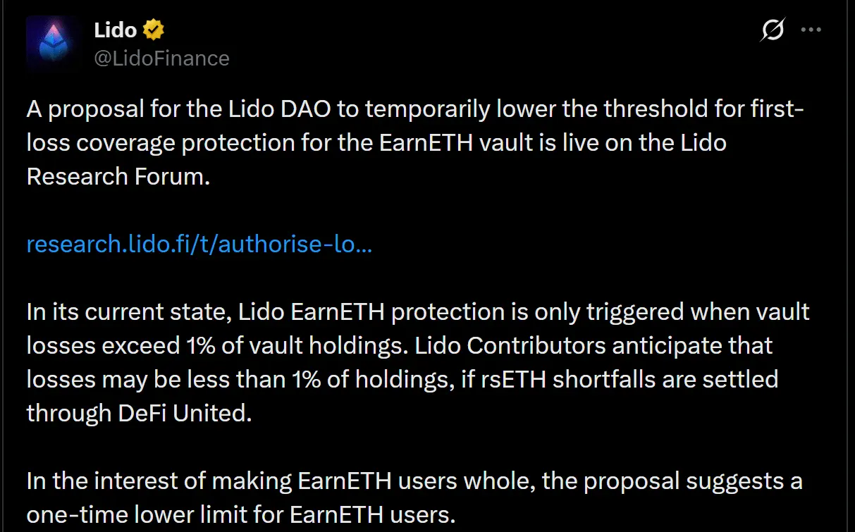 What does Lidos targeted rsETH fix mean for LDO and EarnETH holders？