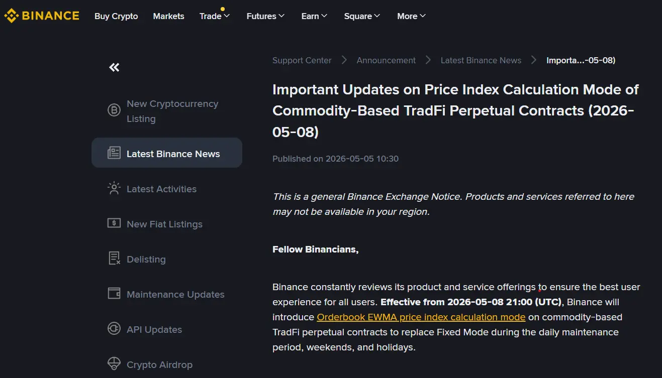 Binance changes weekend pricing for commodity TradFi futures