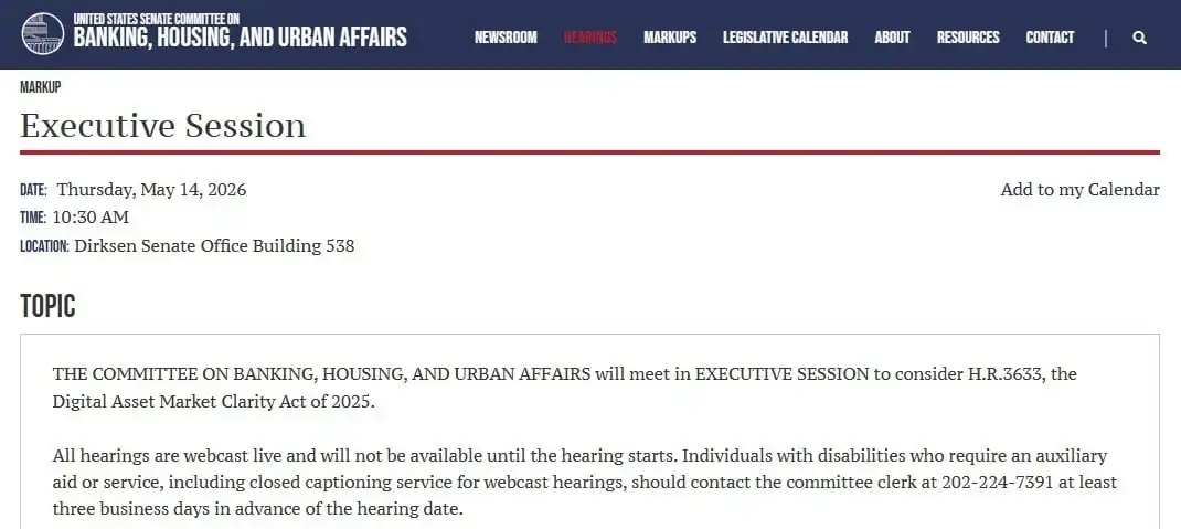 CLARITY Act Markup: Senate Banking Sets May 14 Crypto Rules Session
