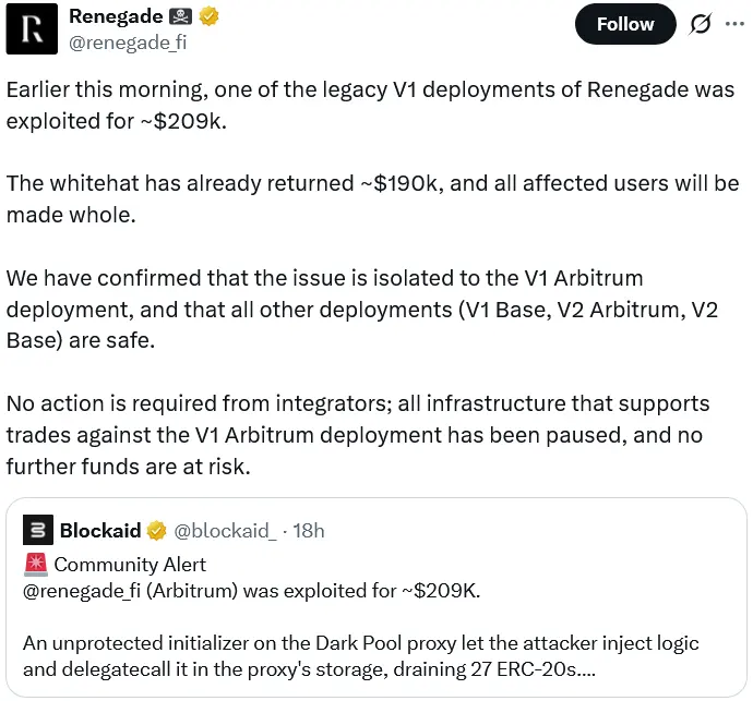 Whitehat returns $190K to Renegade hours after hacking the protocol