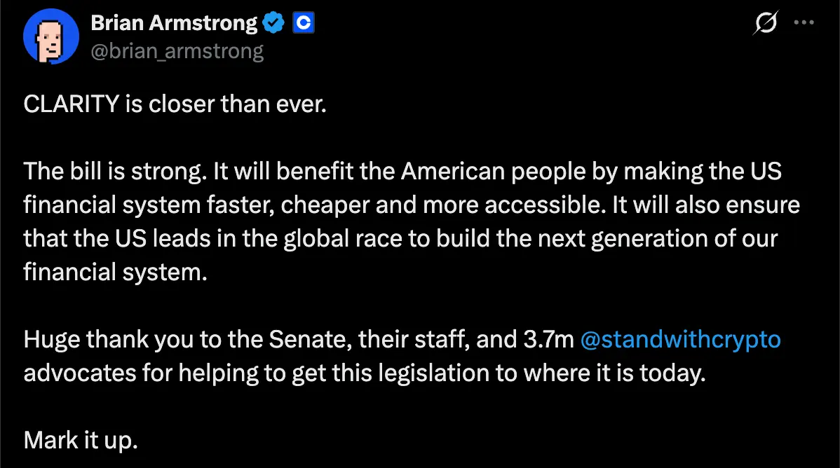 Coinbase CEO Brian Armstrong gets behind CLARITY Act ahead of Thursday markup