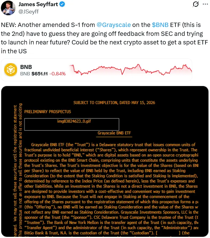 Grayscale, VanEck amend US spot BNB ETF filings, stepping closer to a potential launch