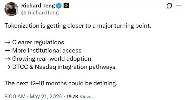 Binance CEO Says Tokenization Nears Turning Point as 12–18 Months Look Defining