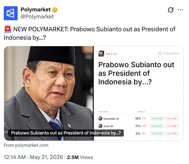 Indonesia blocks Polymarket after bets on presidents exit