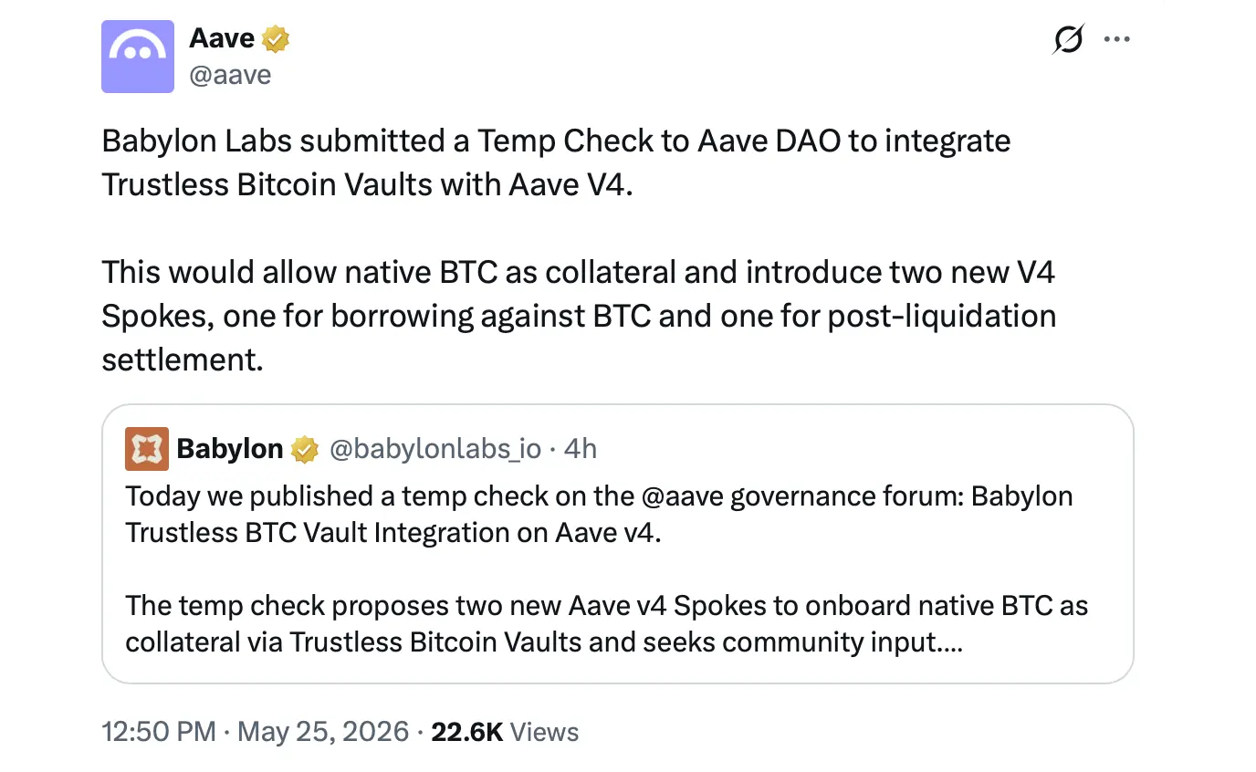 Aave DAO Faces Vote on Native BTC Collateral as Babylon Labs Files Temp Check