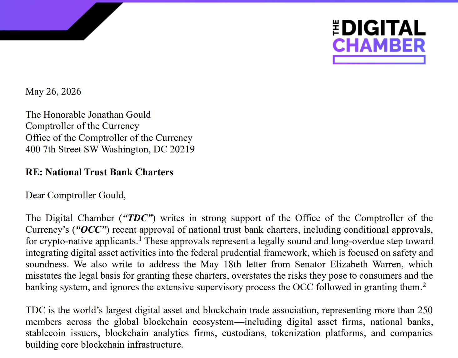 Crypto advocacy group challenges Senator Warren's claims on OCC charters