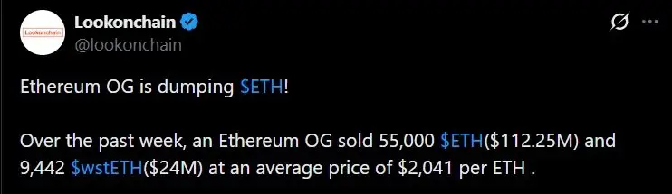 Ethereum OG Offloads $136 Million in ETH and wstETH as Sellers Test $2,000