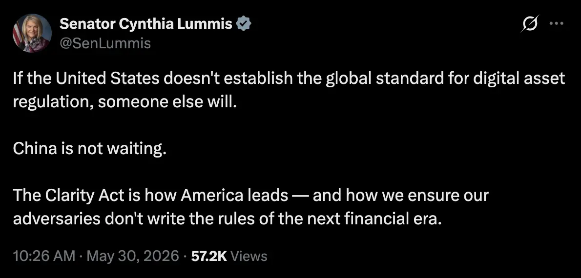 Senator Lummis says China will 'write the rules' of the new financial era if CLARITY fails
