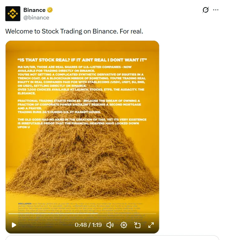 Binance adds US stock trading in push beyond crypto