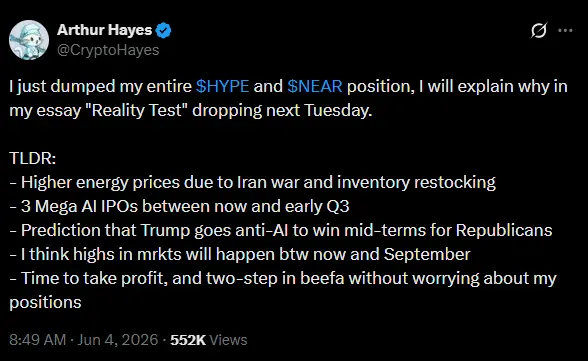 ‘Time to take profit’ – Arthur Hayes dumps HYPE, NEAR before SpaceX IPO