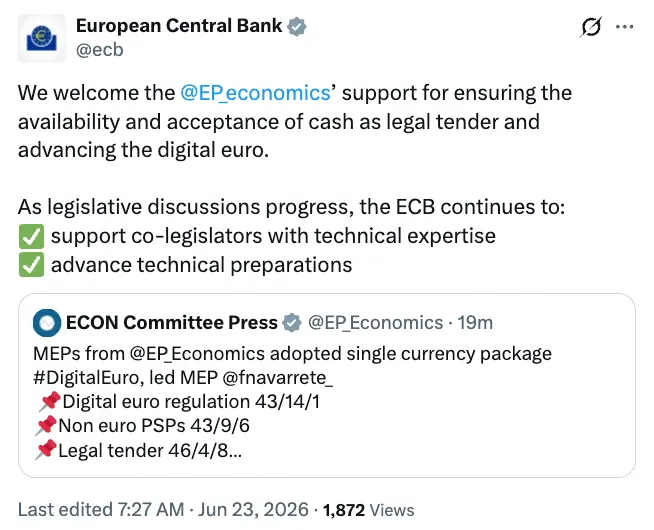 EU committee advances digital euro bill after key vote