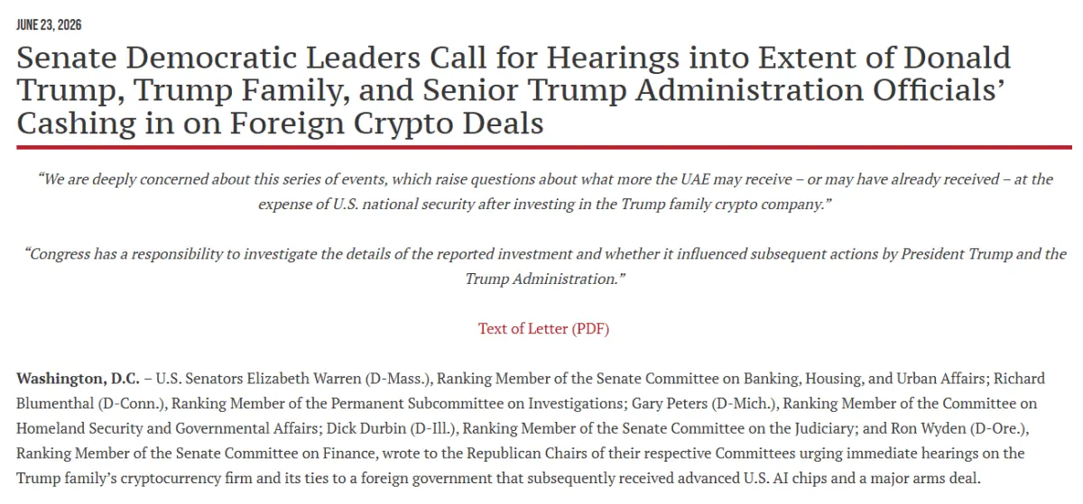 Senate Democrats Demand Probe Into Trump Crypto UAE Deal