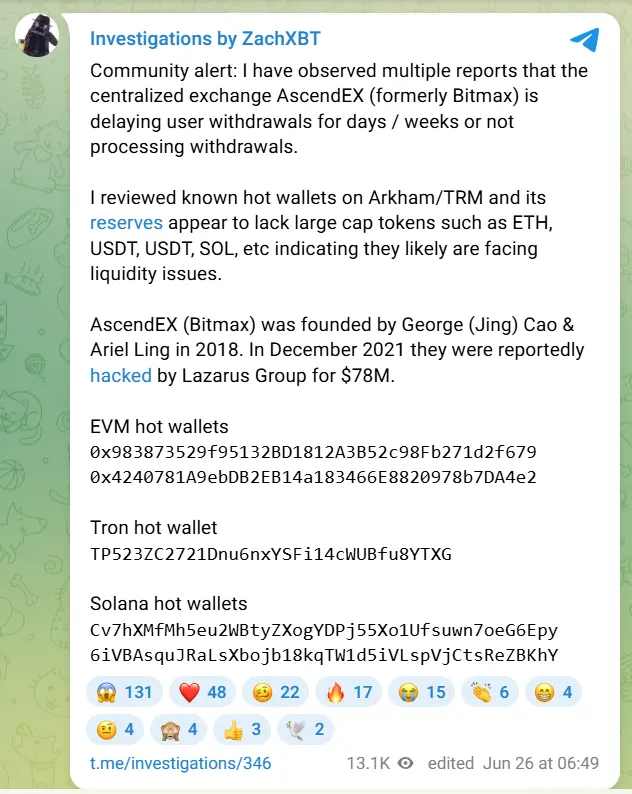 AscendEX withdrawal complaints mount as ZachXBT questions reserves