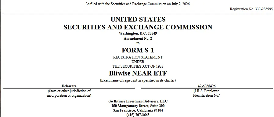 Bitwise Files Amended S-1 for Spot NEAR ETF, Eyes Approval