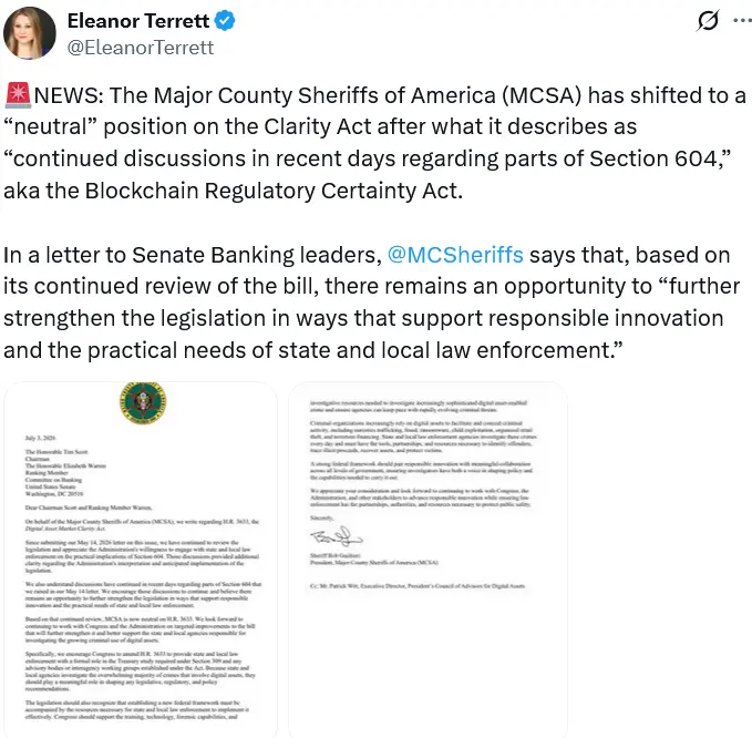 US law enforcement group drops opposition to CLARITY Act: Report