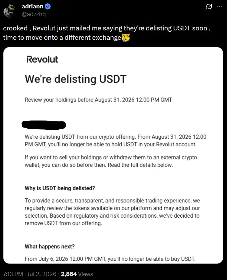 Revolut to end support for Tethers USDT by August 31, customers say