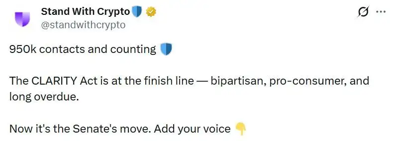 950K Contacts Back CLARITY Act as Coinbase CEO Says Bill Is Ready for Full Senate Vote