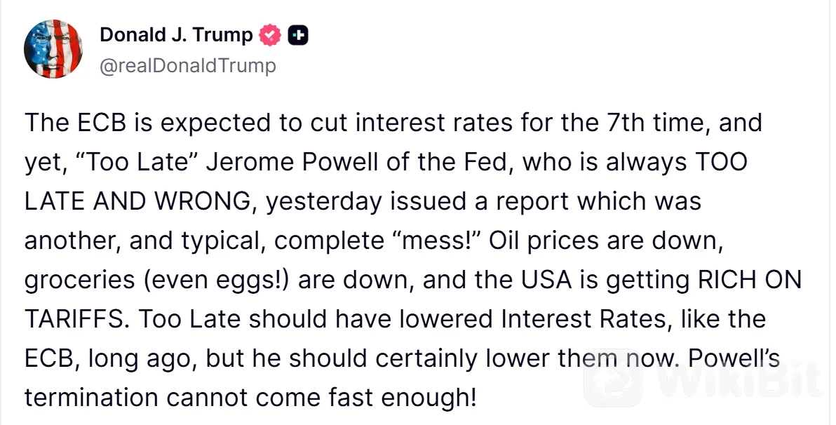 特朗普整个春季都在指责鲍威尔行动迟缓。来源：Trump