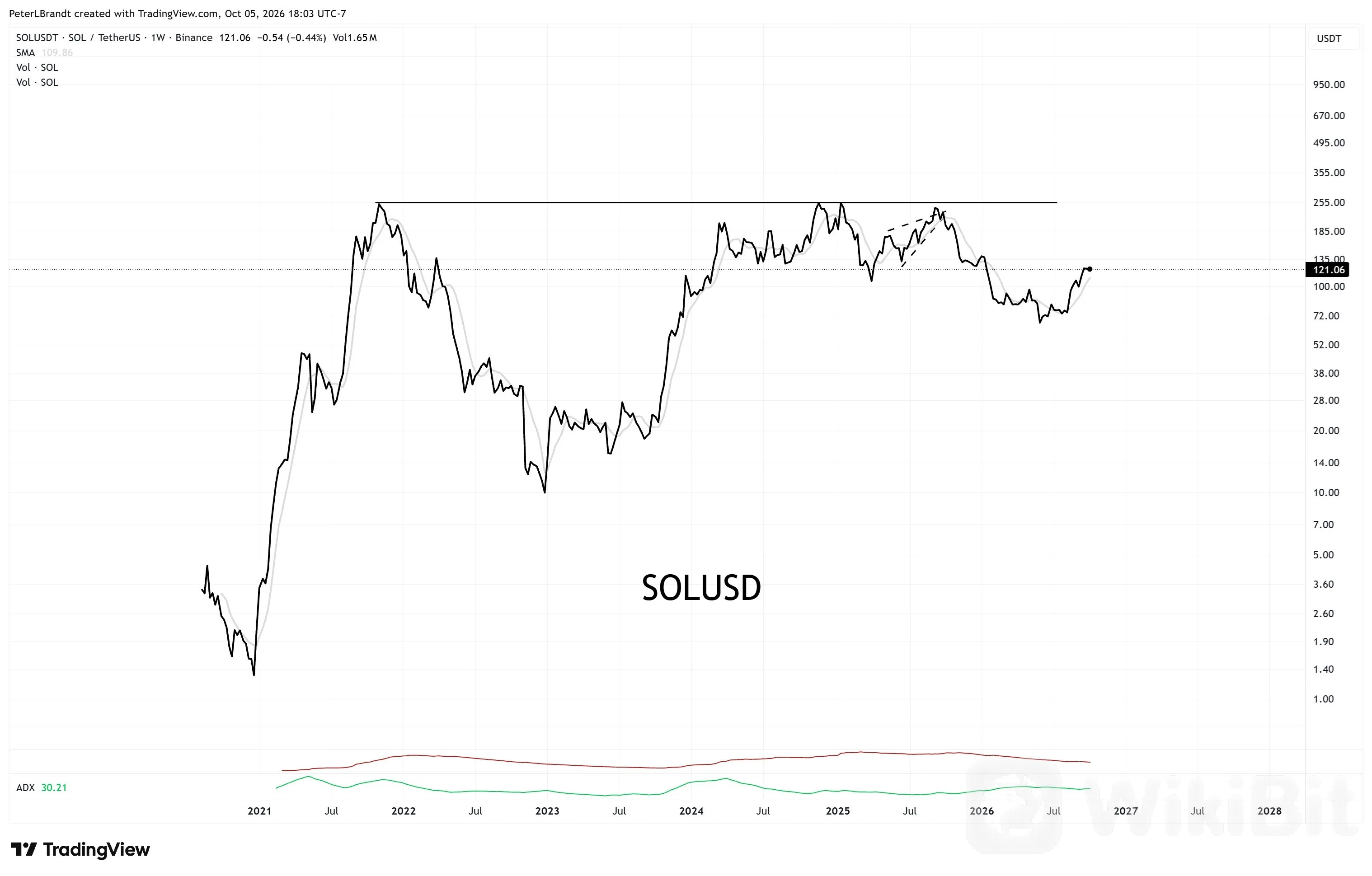 Solana（SOL）价格表现。来源：X/@PeterLBrandt